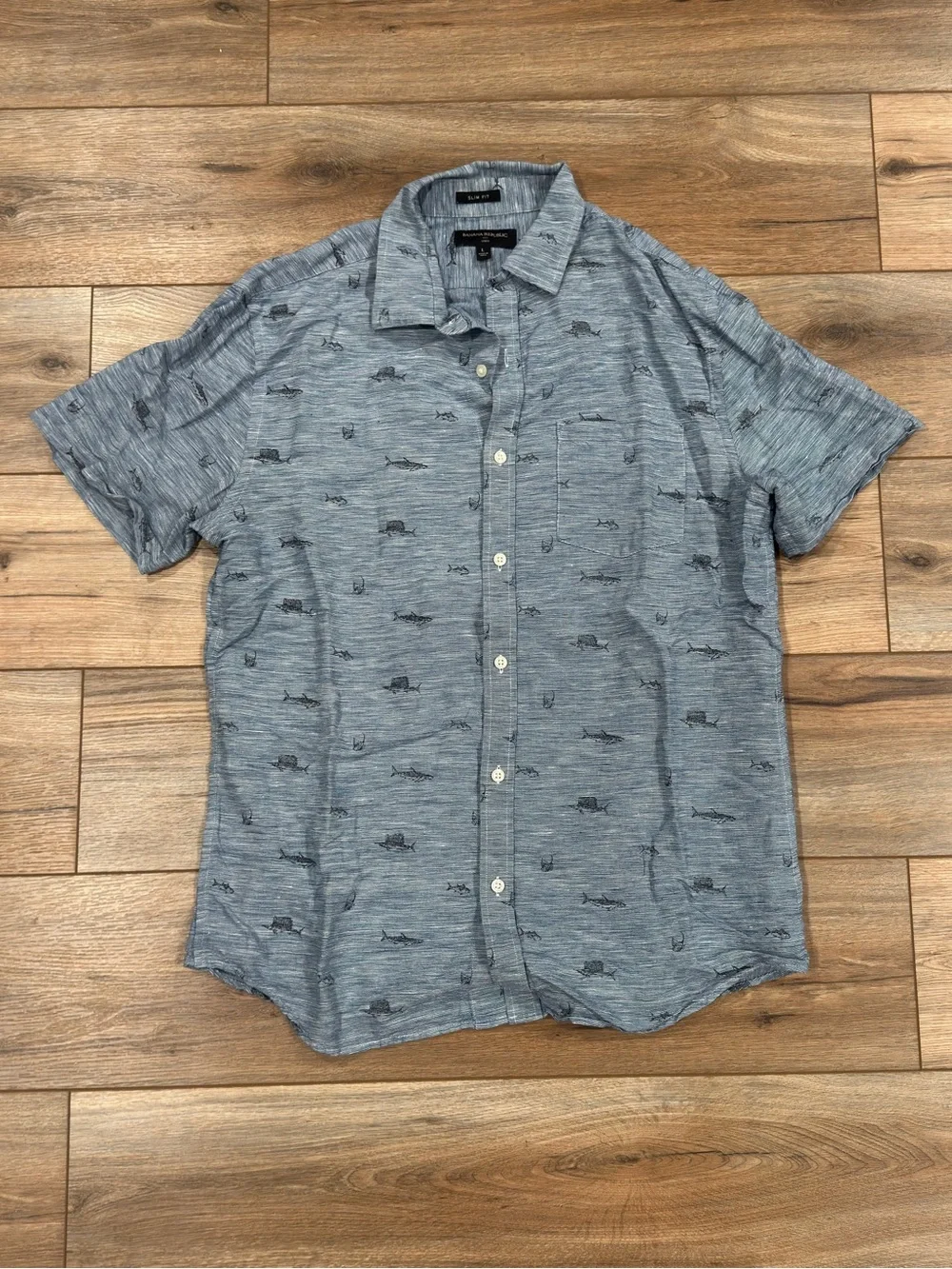 BANANA REPUBLIC Casual Blue Fish Pattern Linen Button-up Shirt | Size Large